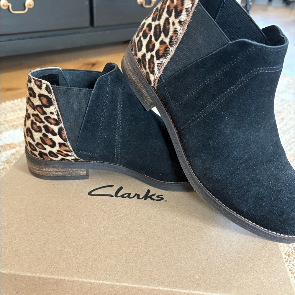 Clarks Black and Leopard Print Ankle Booties